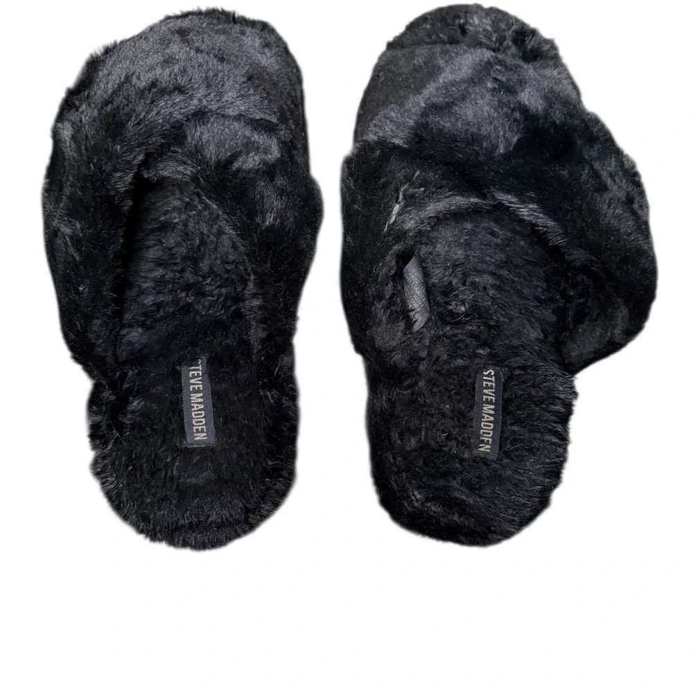 Steve Madden Women's Faux Fur Criss Cross Comfy Slippers Size Largest Black - Picture 4 of 7